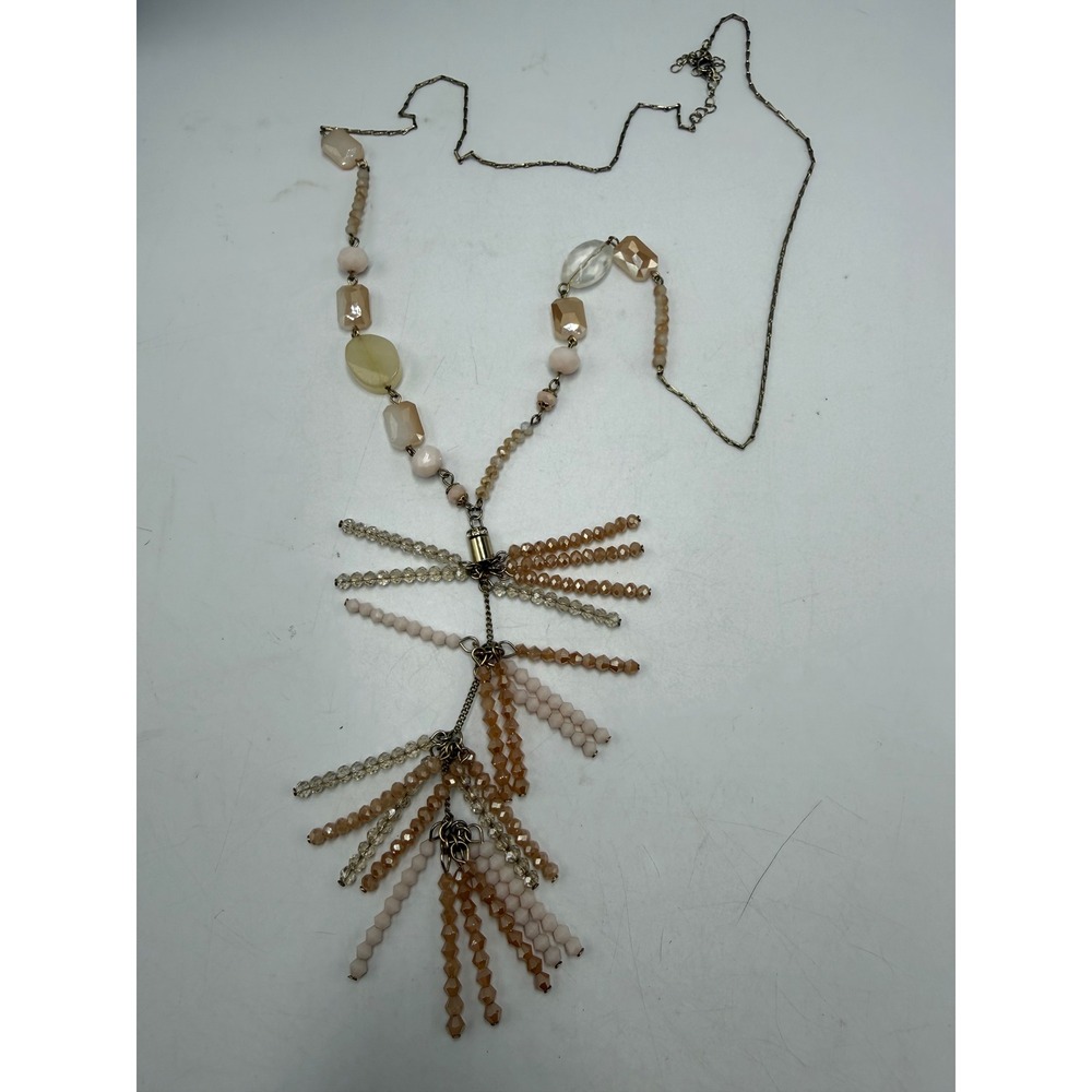 Boho‎ Beaded Tassel Long Necklace Blush Pink Champagne Gold Tone Statement 22in